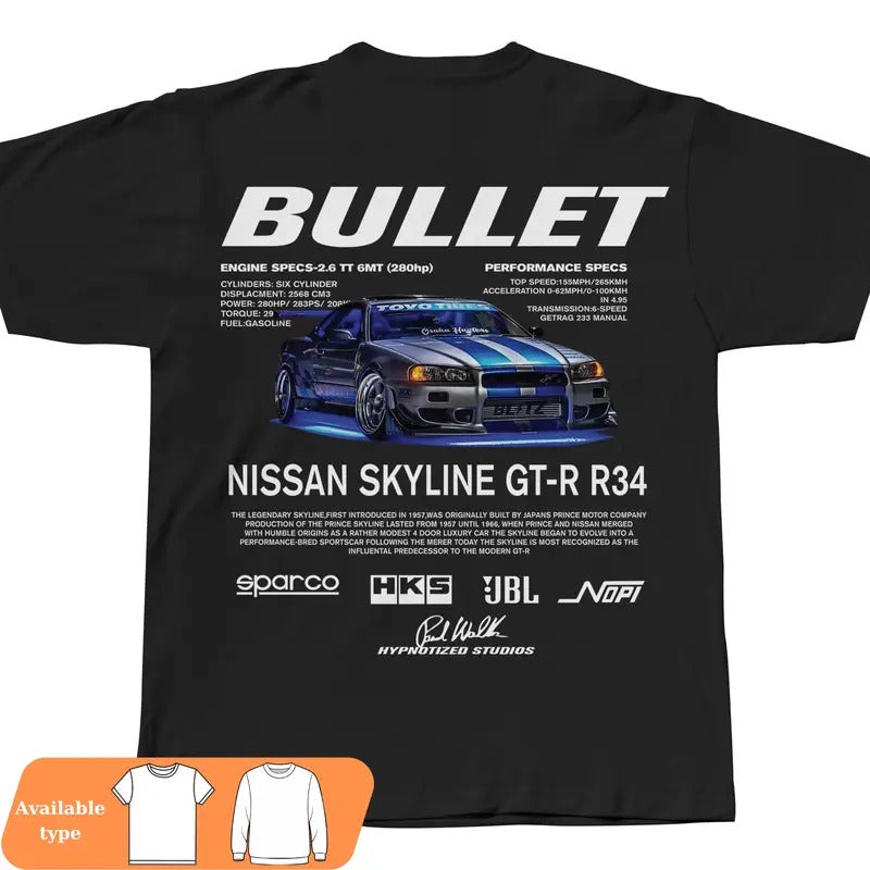 Nissan Skyline GTR R34 Bullet Car JDM Enthusiast Fans - Adult & Kids T-Shirts, Sweatshirts & Hoodies apparel design preview 1
