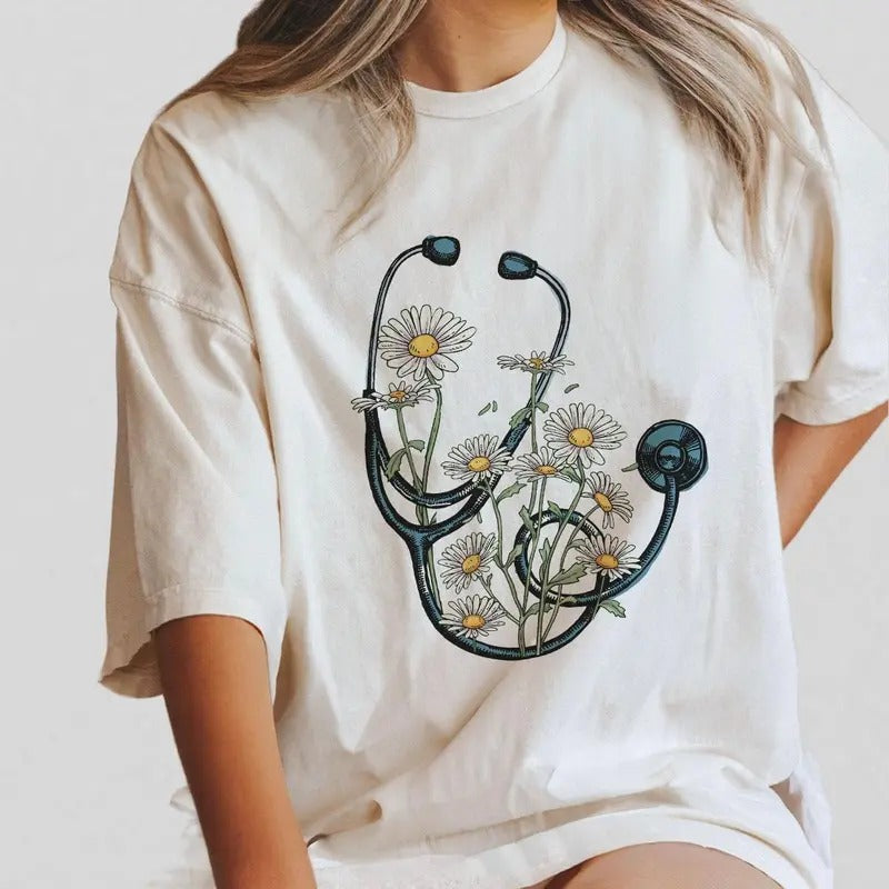 Nurse Flowal Stethoscope Nursing Flower Cotton Round - Adult & Kids T-Shirts, Sweatshirts & Hoodies apparel design preview 1