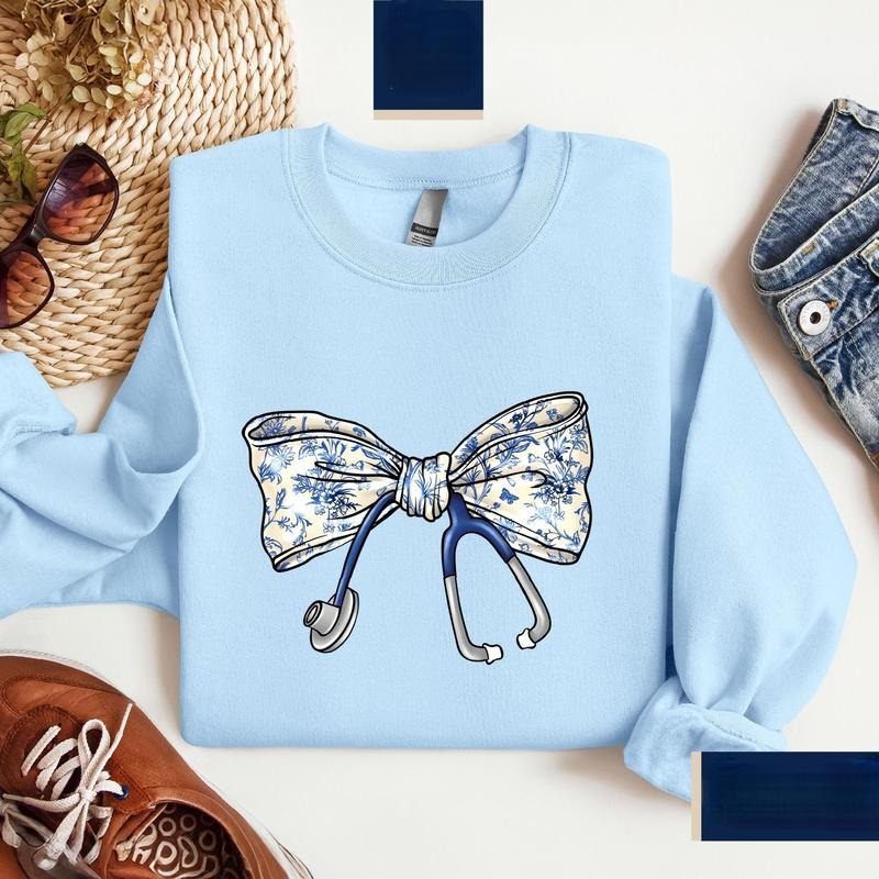 Nurse Toile Bow Stethoscope Coquette Healthcare - Adult & Kids T-Shirts, Sweatshirts & Hoodies apparel design preview 1