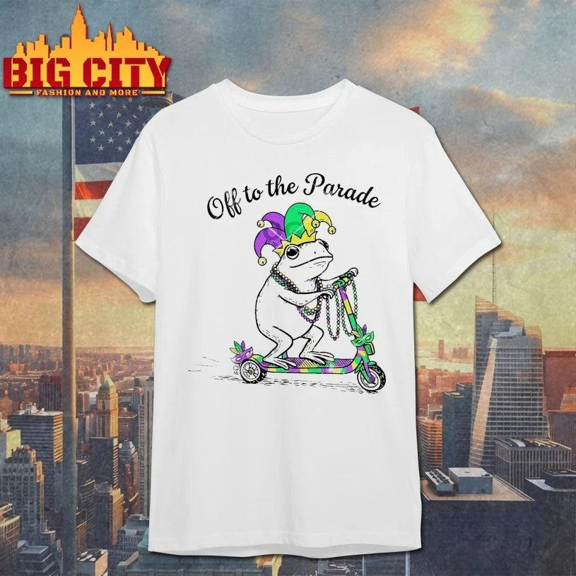 Off To The Parade Mardi Gras Frog On Scooter - Adult & Kids T-Shirts, Sweatshirts & Hoodies apparel design preview 1