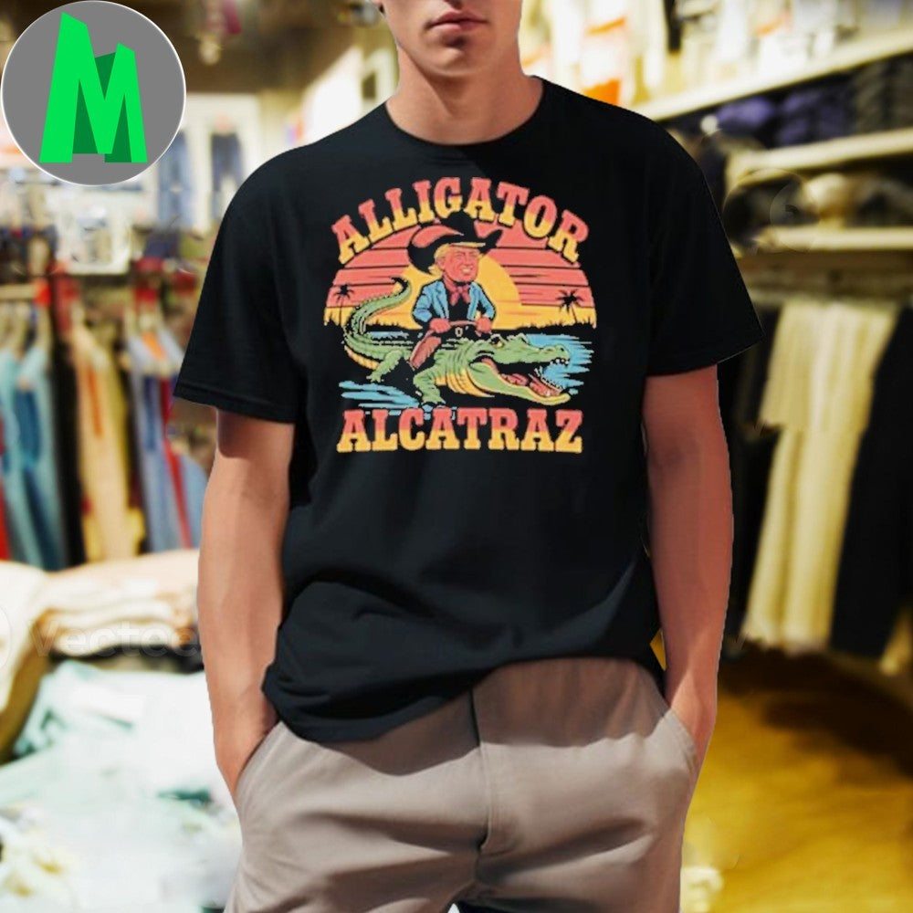 Donald Trump Riding Alligator Alcatraz - Adult & Kids T-Shirts, Sweatshirts & Hoodies apparel design preview 1