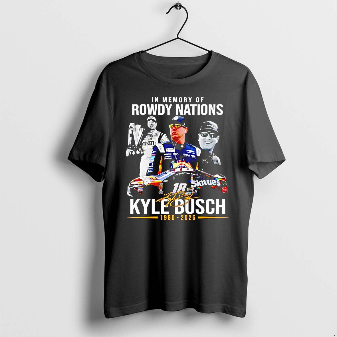 Official In Memory Of Kyle Busch 1985 2026 18 Rowdy - Adult & Kids T-Shirts, Sweatshirts & Hoodies apparel design preview 1