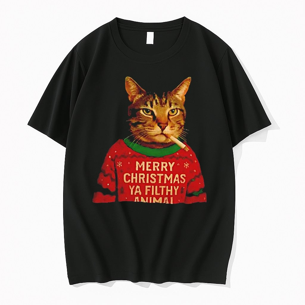 Official Merry Christmas Ya Filthy Animal Smoking Cat - Adult & Kids T-Shirts, Sweatshirts & Hoodies apparel design preview 1
