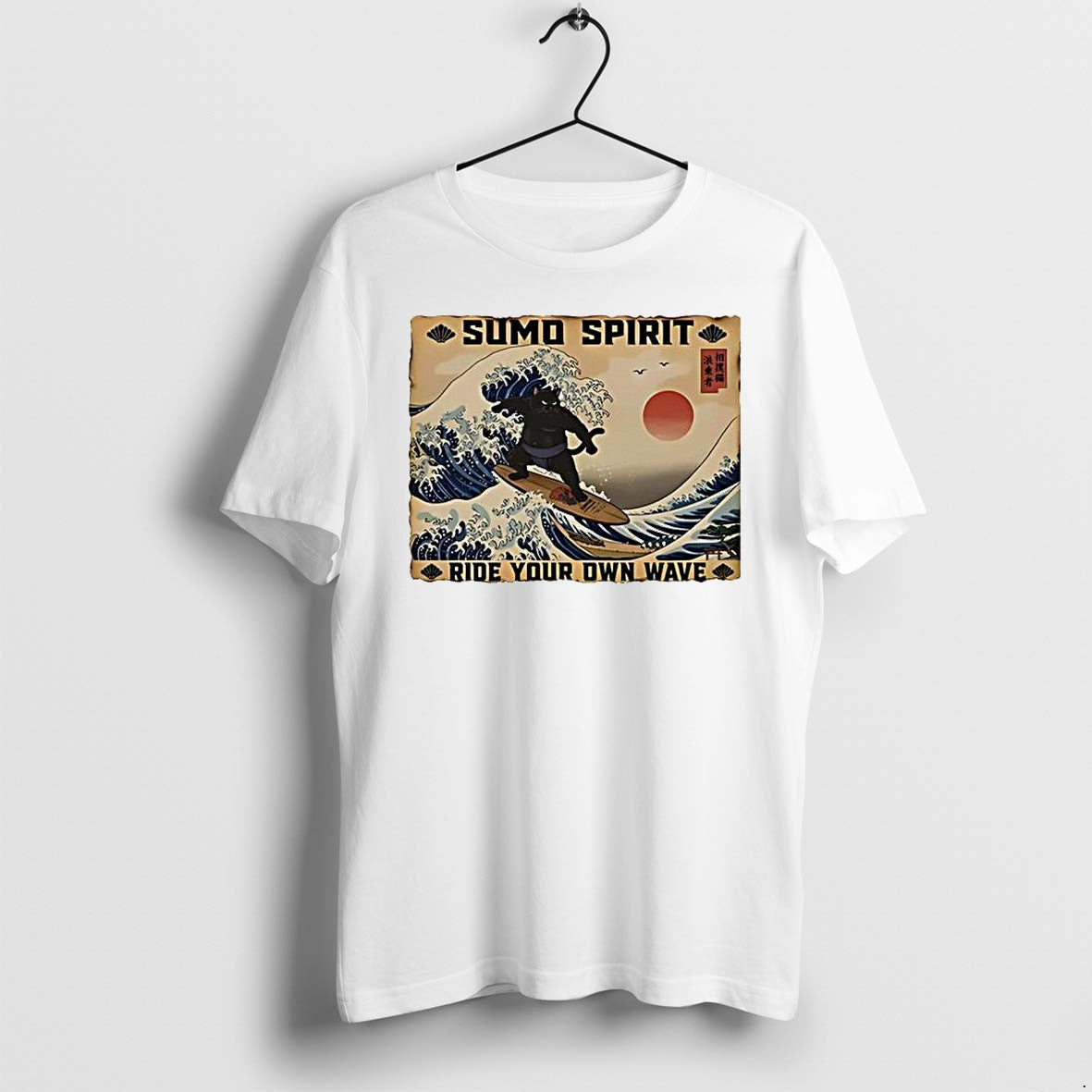 Official Sumo Spirit Black Cat Surfing Japanese Great - Adult & Kids T-Shirts, Sweatshirts & Hoodies apparel design preview 1