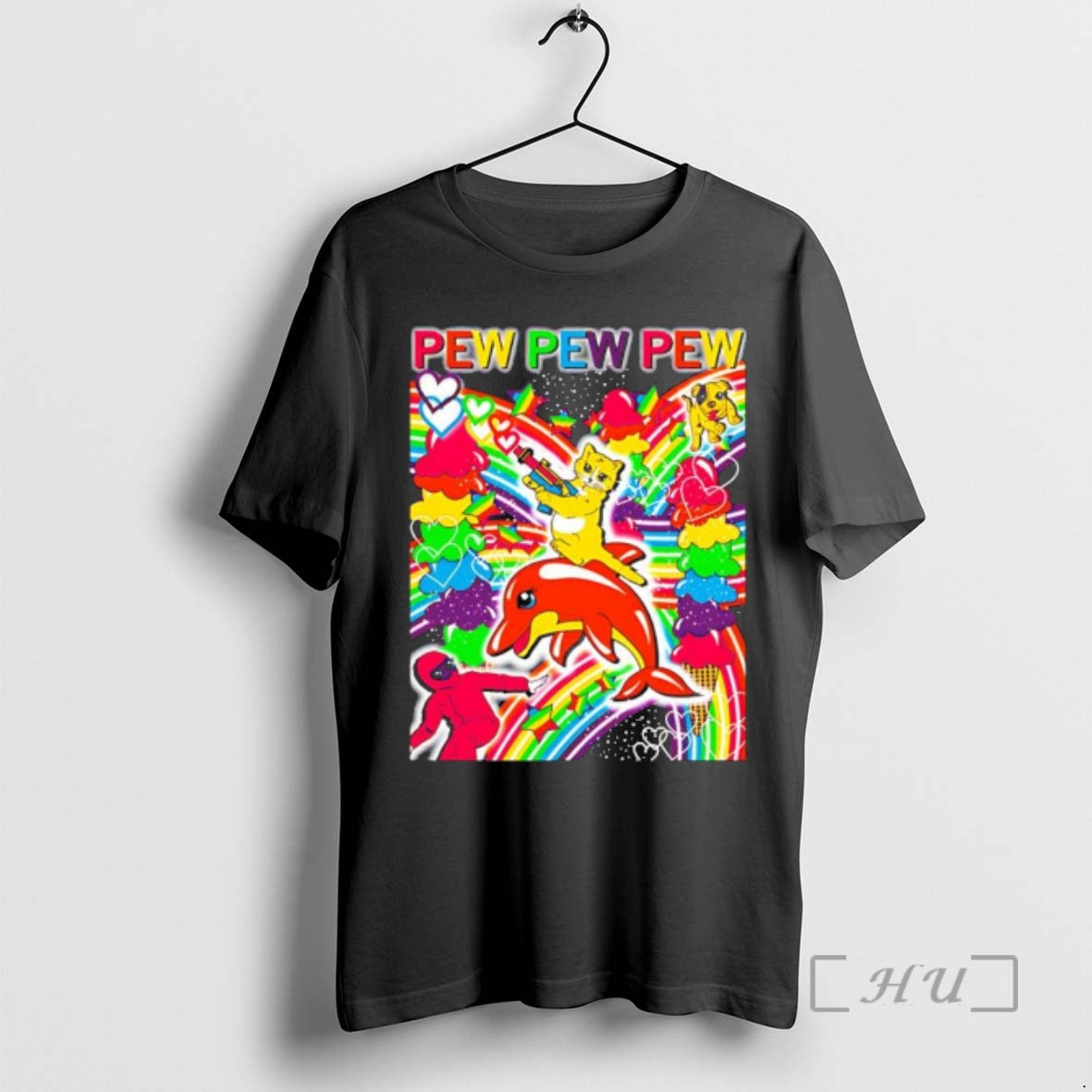 Officials Pew Full Color Charcoal Cat Riding Dolphin - Adult & Kids T-Shirts, Sweatshirts & Hoodies apparel design preview 1
