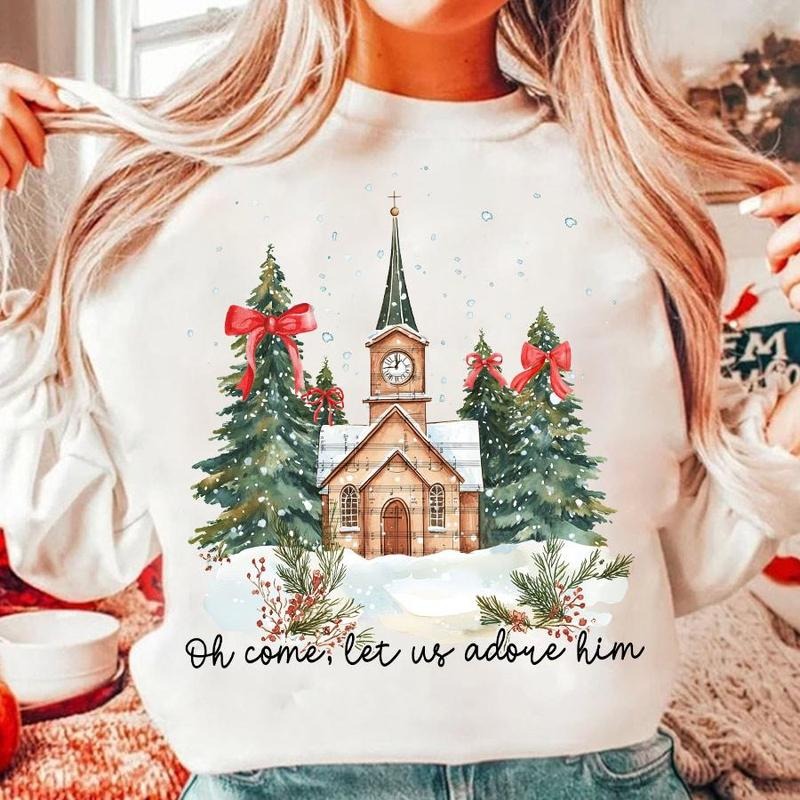 Oh Come Let Us Adore Him Jesus Coquette Tree Hand - Adult & Kids T-Shirts, Sweatshirts & Hoodies apparel design preview 1