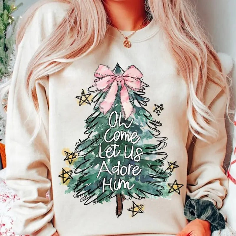 Oh Come Let Us Adore Him Jesus Coquette Tree Hand - Adult & Kids T-Shirts, Sweatshirts & Hoodies apparel design preview 1