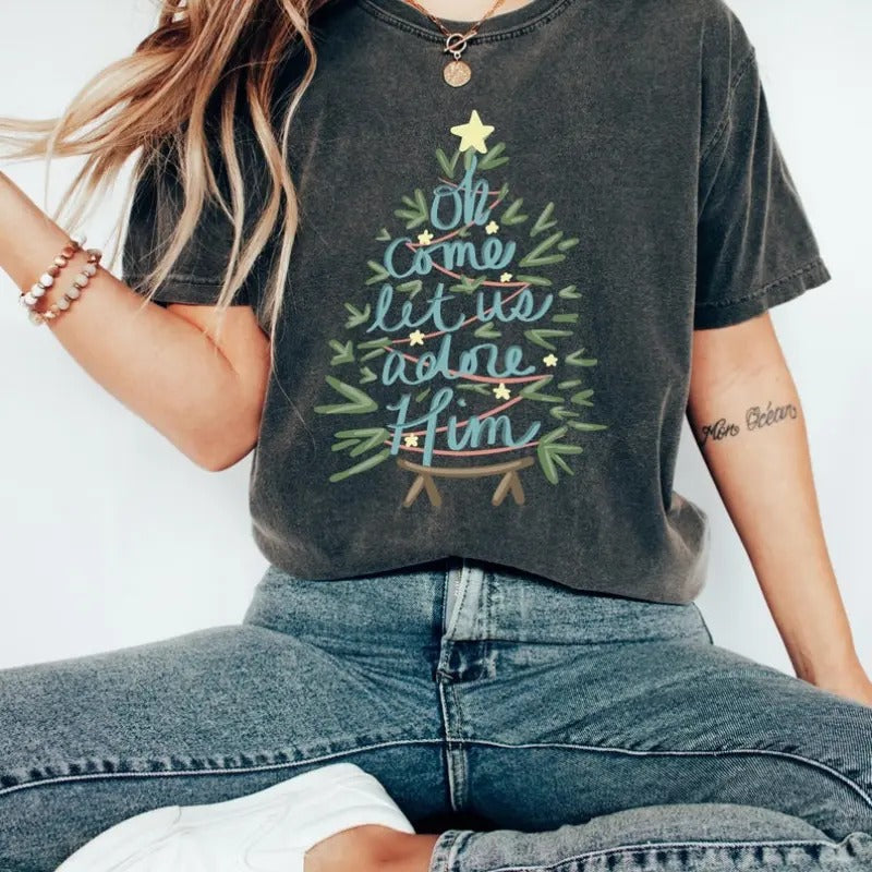 Oh Come Let Us Adore Him Nativity Christian Xmas - Adult & Kids T-Shirts, Sweatshirts & Hoodies apparel design preview 1