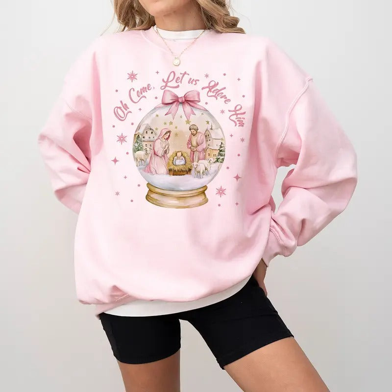 Oh Come Let Us Adore Him Coquette Bow Tree Nativity - Adult & Kids T-Shirts, Sweatshirts & Hoodies apparel design preview 1