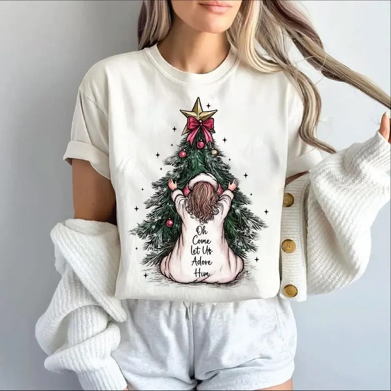 Oh Come Let Us Adore Him Jesus Coquette Tree - Adult & Kids T-Shirts, Sweatshirts & Hoodies apparel design preview 1
