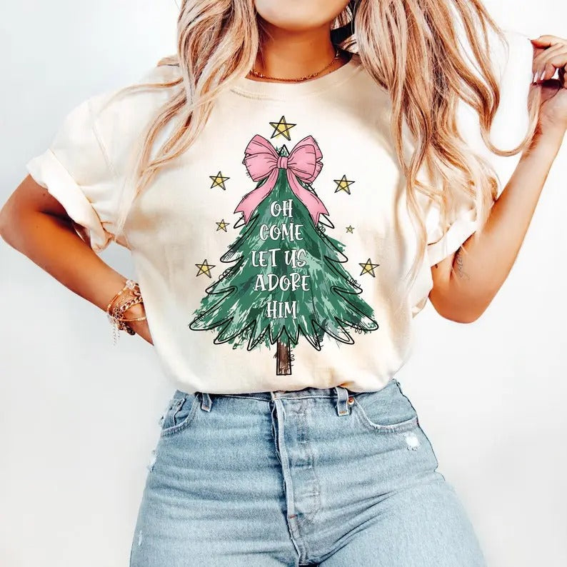 Oh Come Let Us Adore Him Jesus Coquette Tree Hand - Adult & Kids T-Shirts, Sweatshirts & Hoodies apparel design preview 1