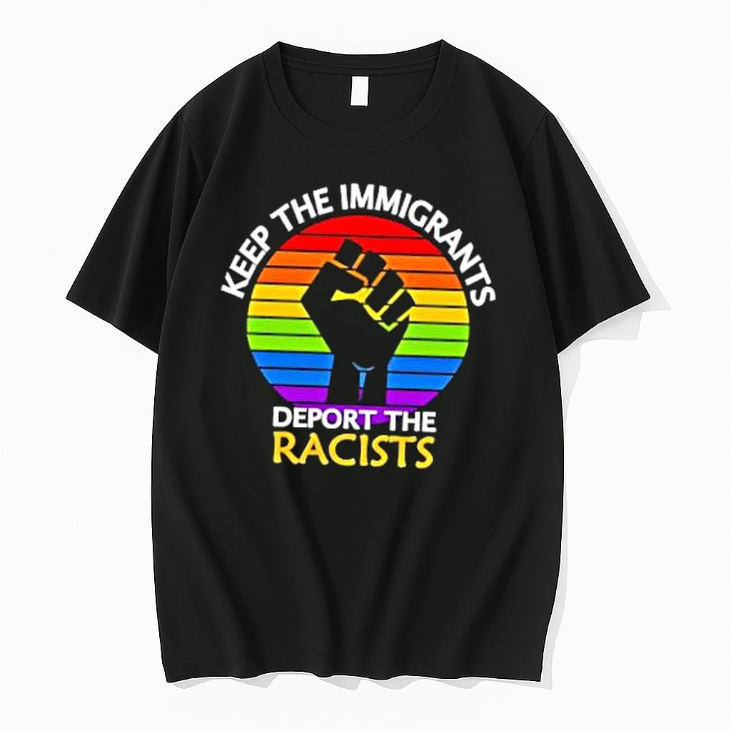 Original Keep Immigrants Deport Racists Raised Fist - Adult & Kids T-Shirts, Sweatshirts & Hoodies apparel design preview 1