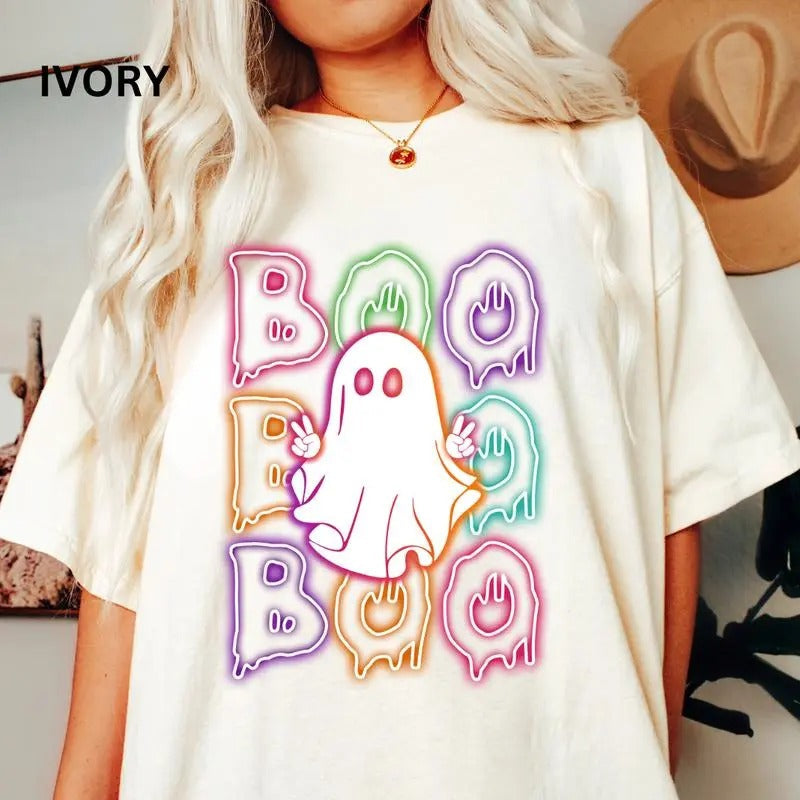 Boo Neon Halloween Ghost Comfort Colors Casual Cotton - Adult & Kids T-Shirts, Sweatshirts & Hoodies apparel design preview 1