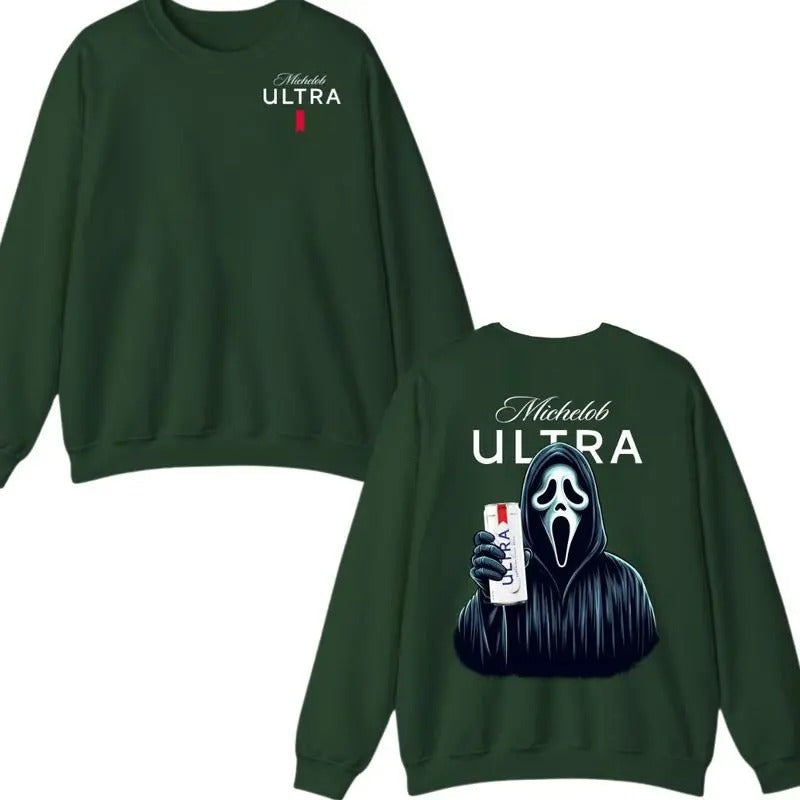 Michelob Ultra Ghost Face Halloween 2 Sided - Adult & Kids T-Shirts, Sweatshirts & Hoodies apparel design preview 1
