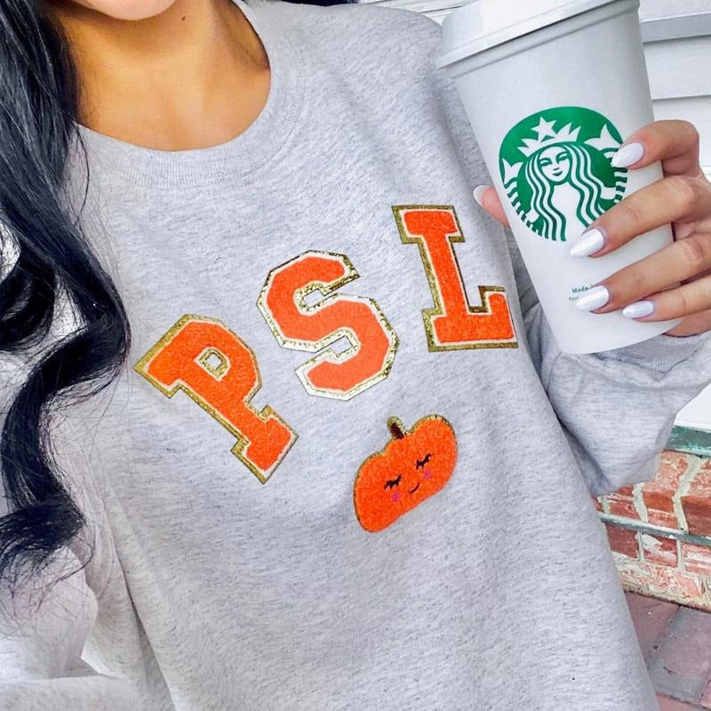 'PSL' Letter Patch Pumpkin Spice Latte Chenille - Adult & Kids T-Shirts, Sweatshirts & Hoodies apparel design preview 1