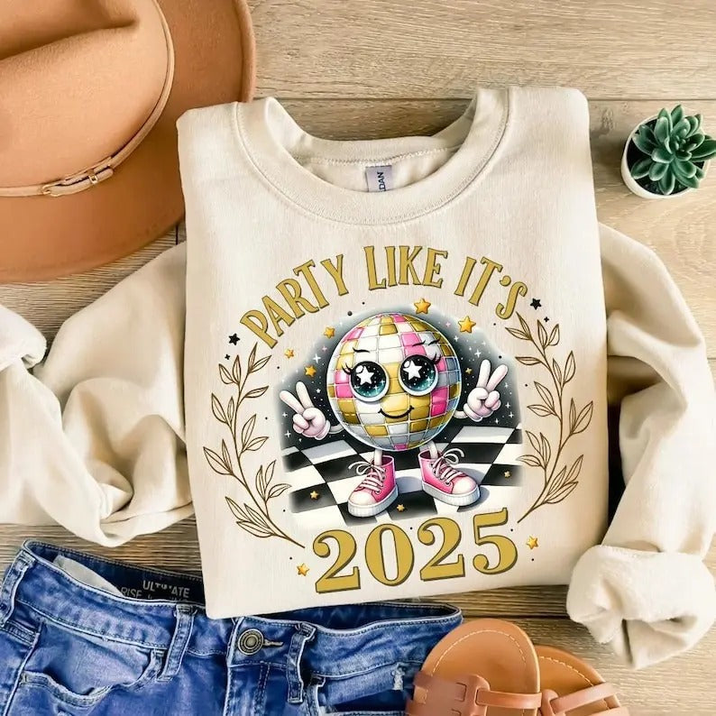 Party Like 'S 2025 New Year Cute Disco Ball Me Hello - Adult & Kids T-Shirts, Sweatshirts & Hoodies apparel design preview 1