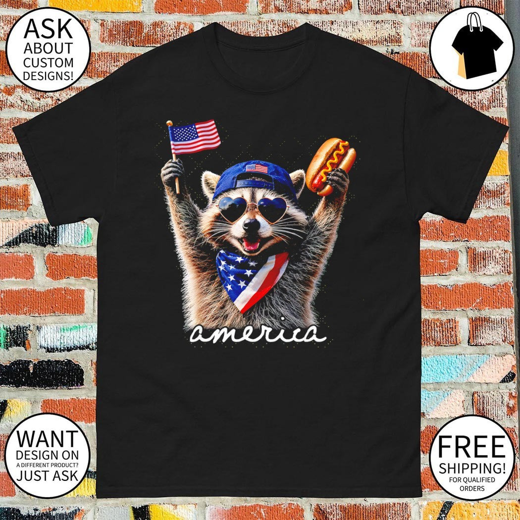 Patriotic Raccoon holding hotdog American flag 4th of - Adult & Kids T-Shirts, Sweatshirts & Hoodies apparel design preview 1