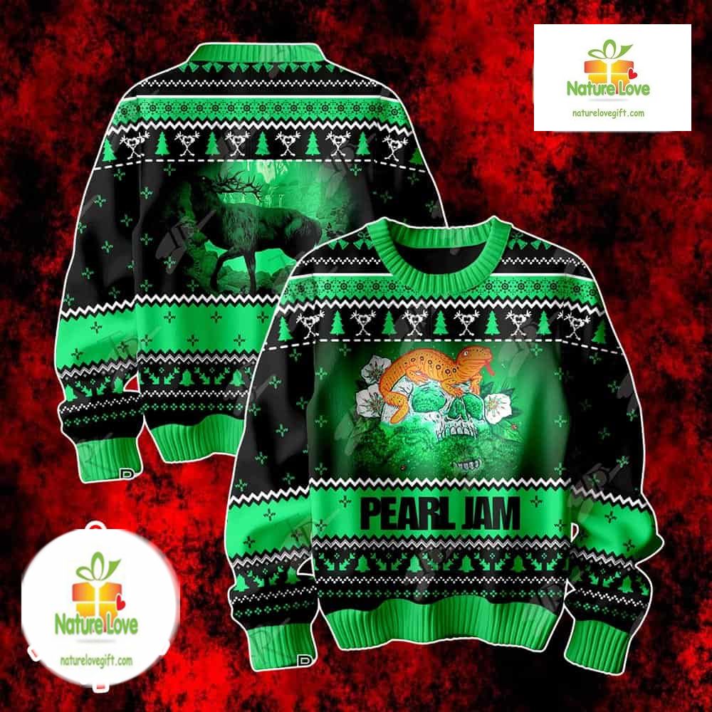 Pearl Jam Green Skull Salamander Reptile Design Ugly Christmas Sweater - Holiday Gift product image