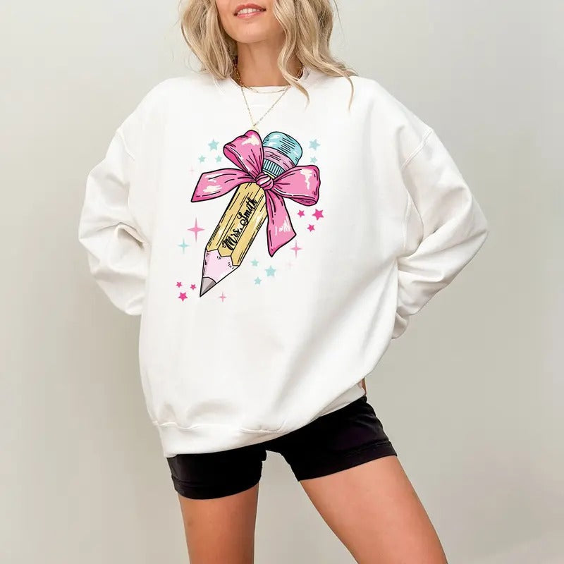 Pencil Bow Custom Teacher Back School Coquette - Adult & Kids T-Shirts, Sweatshirts & Hoodies apparel design preview 1