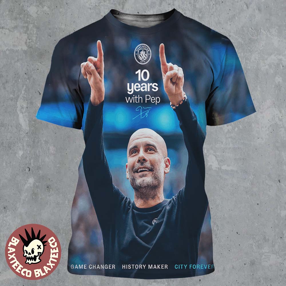 Pep Guardiola Manchester City Tribute 10 Years with - Adult & Kids T-Shirts, Sweatshirts & Hoodies apparel design preview 1