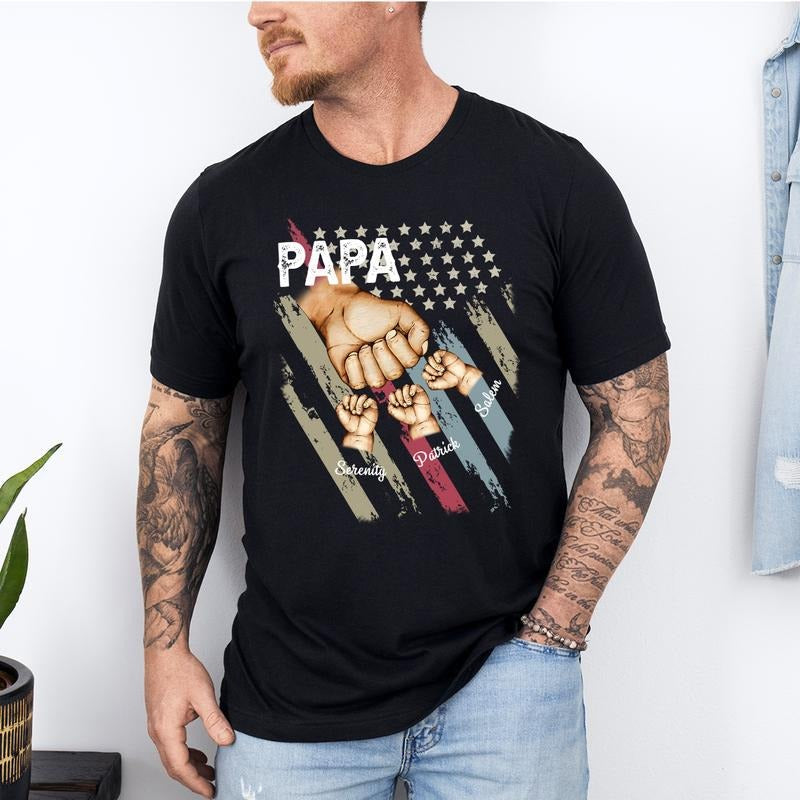 Personalized Papa Grandpa Grandkids Name Hands Flag - Adult & Kids T-Shirts, Sweatshirts & Hoodies apparel design preview 1