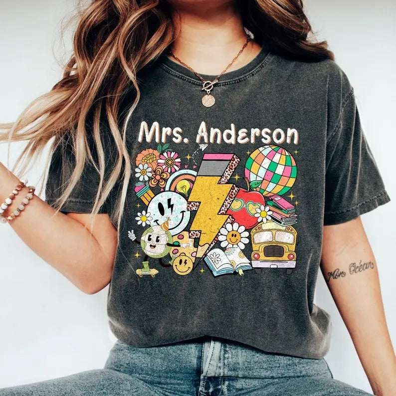 Personalized Retro Teacher Name Kindergarten - Adult & Kids T-Shirts, Sweatshirts & Hoodies apparel design preview 1