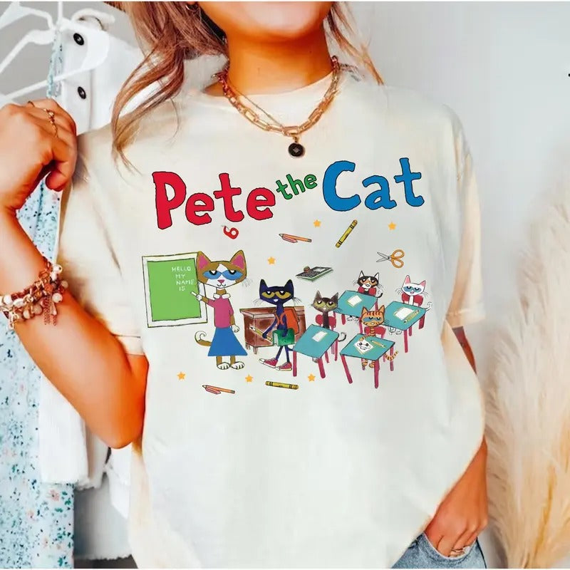 Pet.E Cat Teacher School Cool Back Children'S Book - Adult & Kids T-Shirts, Sweatshirts & Hoodies apparel design preview 1
