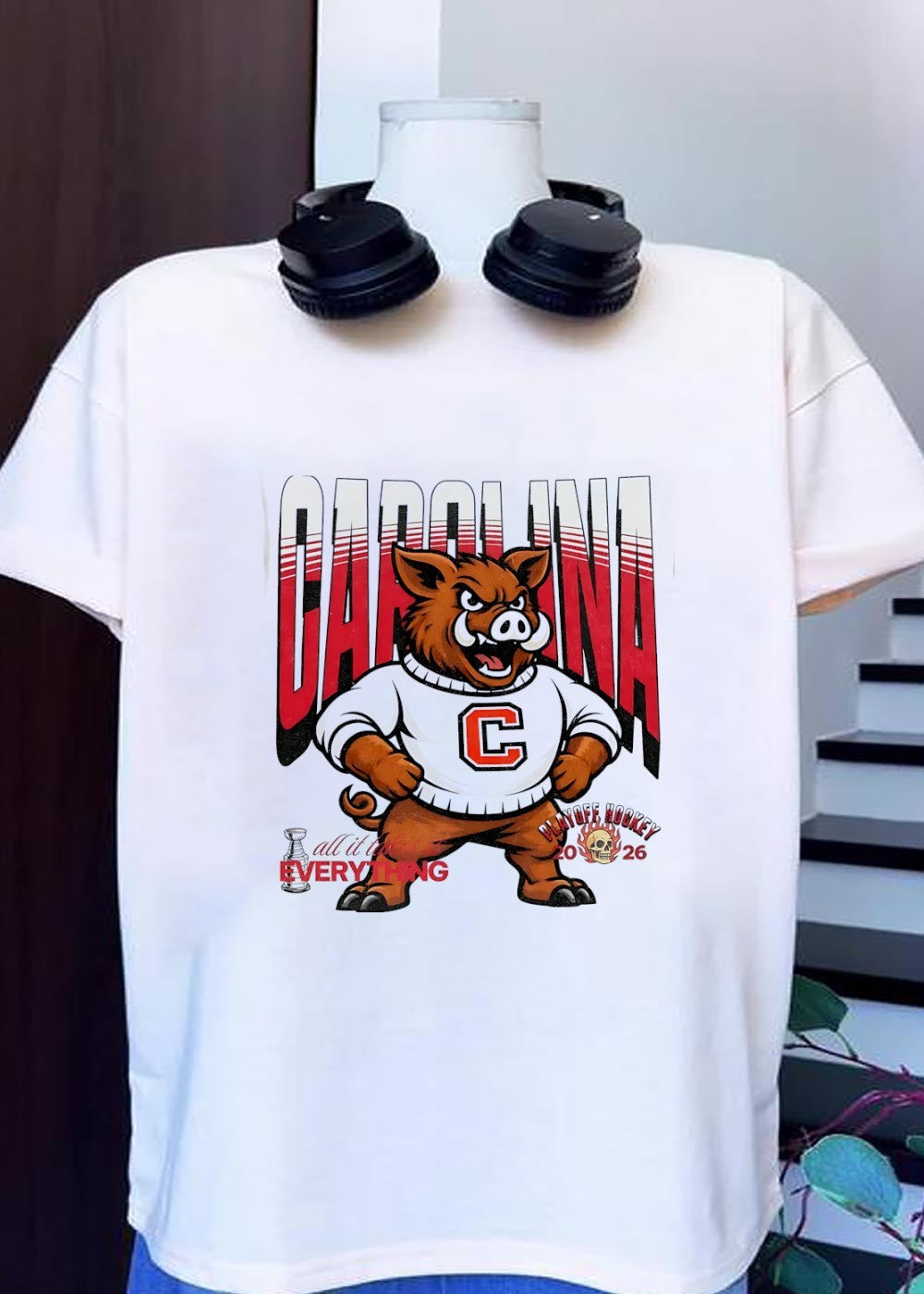 Playoff Hockey 2026 Carolina Boar Standing Mascot All - Adult & Kids T-Shirts, Sweatshirts & Hoodies apparel design preview 1