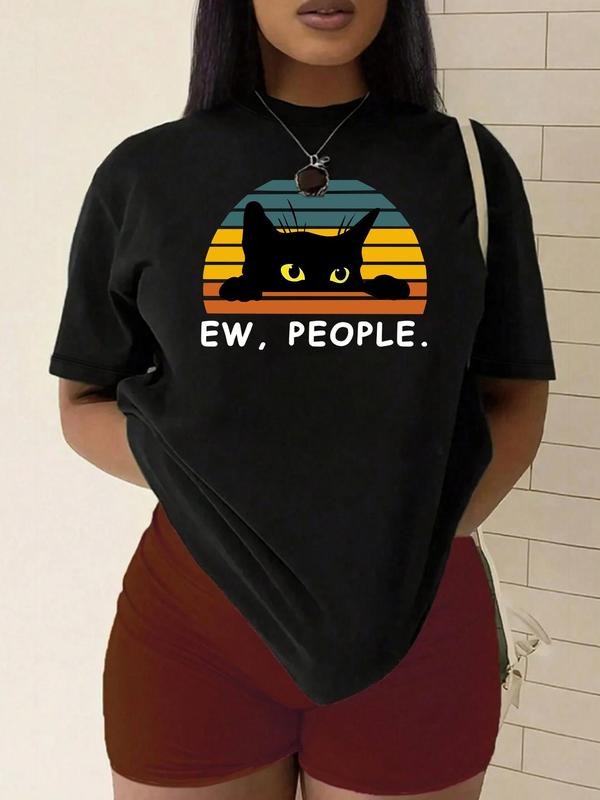 Plus Size Cartoon Cat Print Round Neck Casual Short - Adult & Kids T-Shirts, Sweatshirts & Hoodies apparel design preview 1
