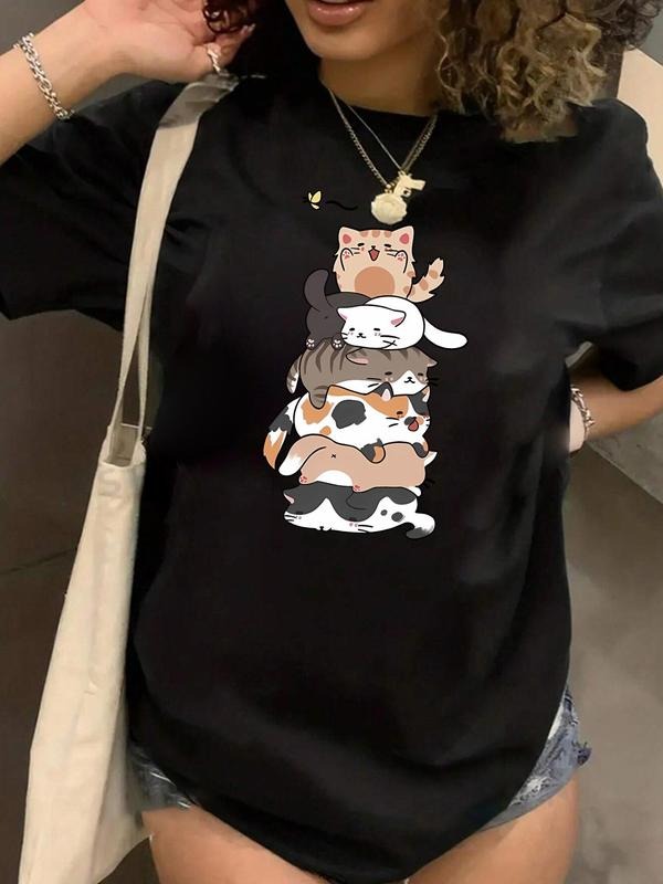 Plus Size Cartoon Cat Print Round Neck Casual Short - Adult & Kids T-Shirts, Sweatshirts & Hoodies apparel design preview 1