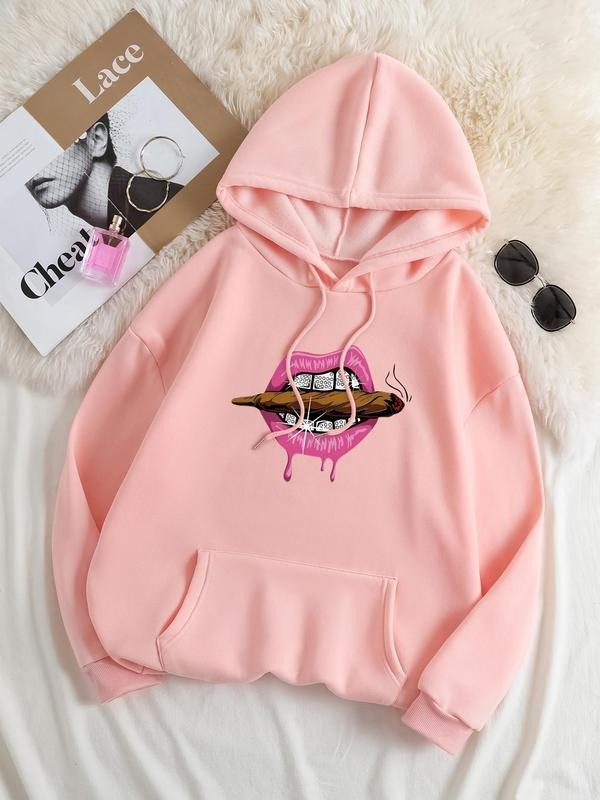 Plus Size Cartoon Lip Print Drop Shoulder Drawstring - Adult & Kids T-Shirts, Sweatshirts & Hoodies apparel design preview 1