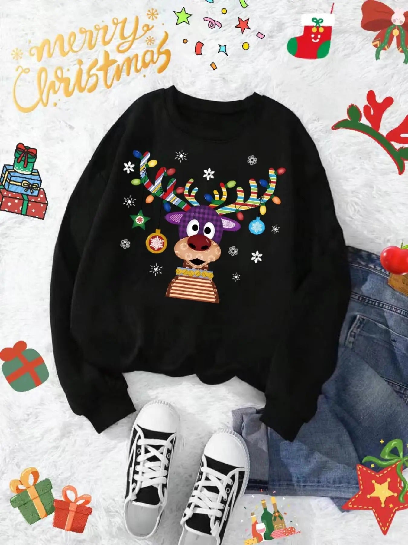 Plus Size Cartoon Reindeer Print Drop Shoulder Casual - Adult & Kids T-Shirts, Sweatshirts & Hoodies apparel design preview 1