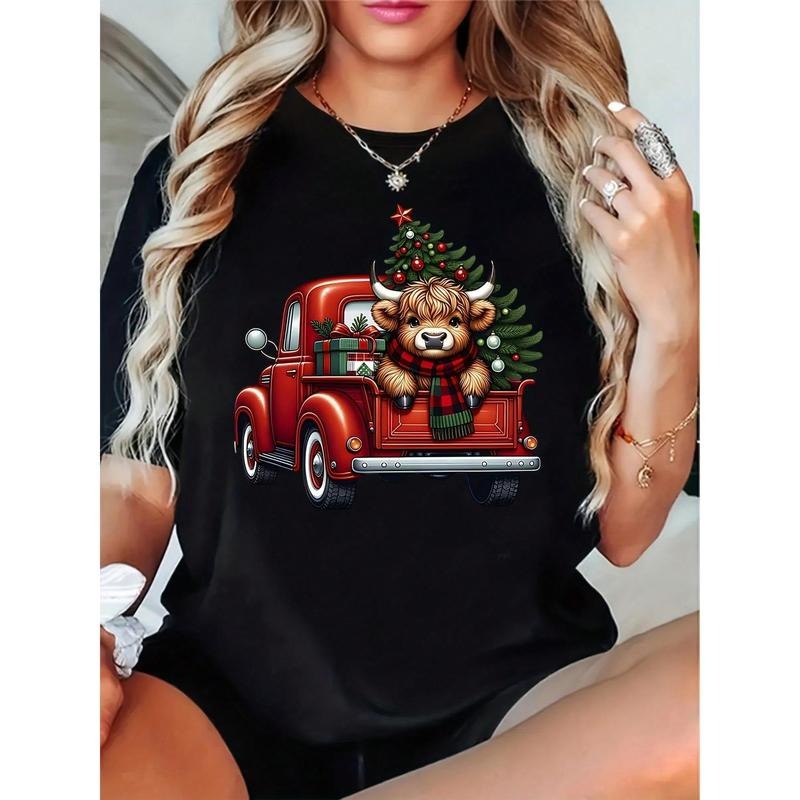 Plus Size Cute Highland Cow Red Truck Tree Festive - Adult & Kids T-Shirts, Sweatshirts & Hoodies apparel design preview 1