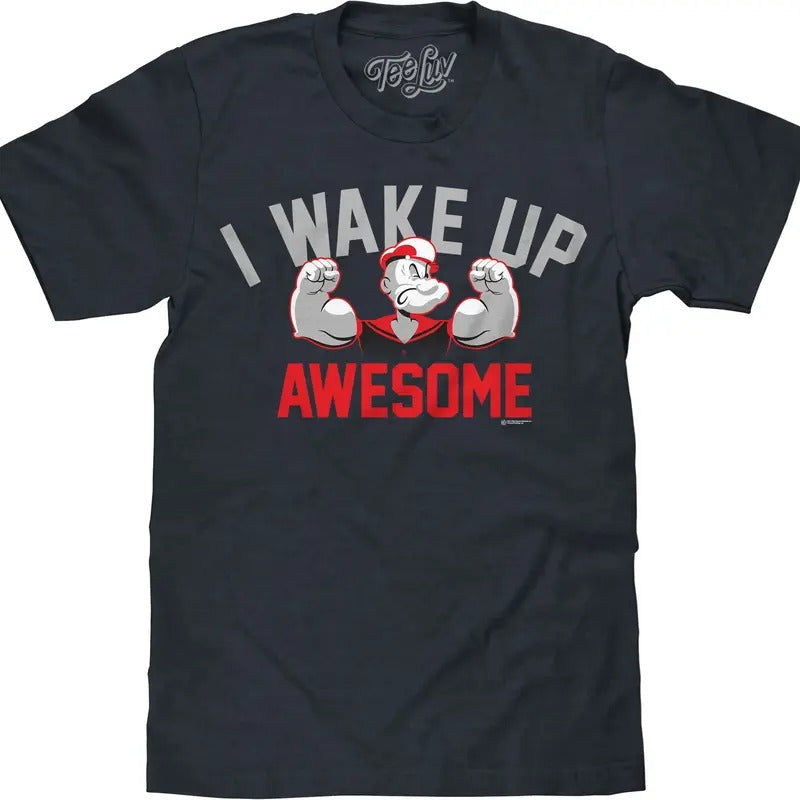 Popeye I Wake Up Awesome Navy Heather - Adult & Kids T-Shirts, Sweatshirts & Hoodies apparel design preview 1