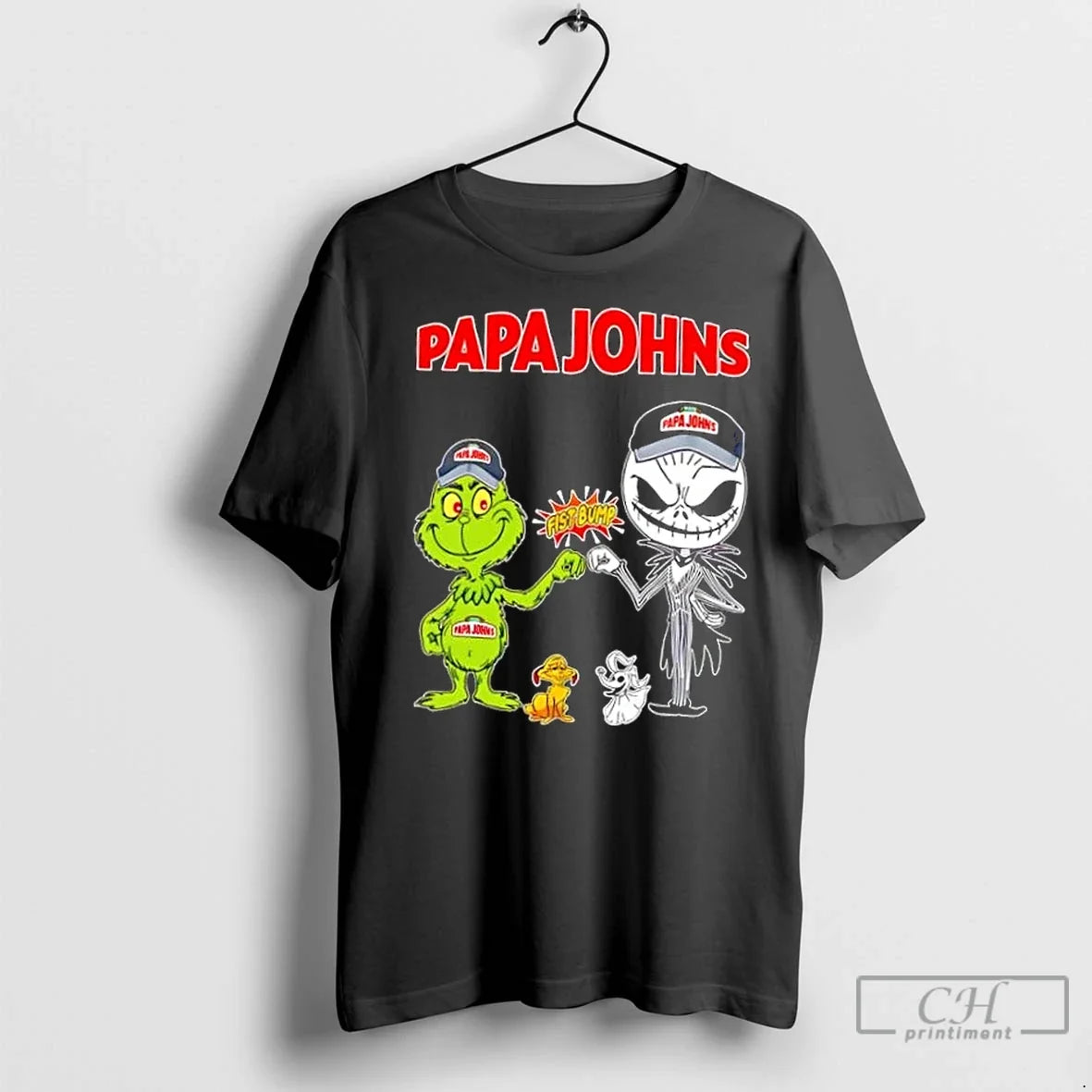 Premium Papa Johns X Grinch And Jack Skellington Fist - Adult & Kids T-Shirts, Sweatshirts & Hoodies apparel design preview 1