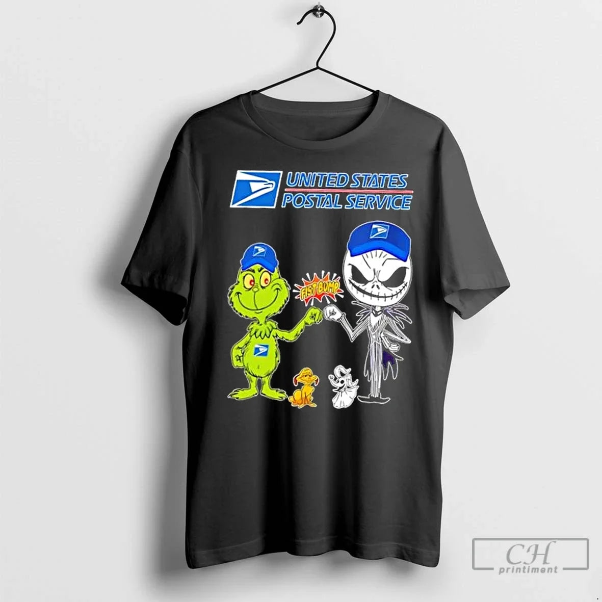 Premium Usps X Grinch And Jack Skellington Fist Bump - Adult & Kids T-Shirts, Sweatshirts & Hoodies apparel design preview 1