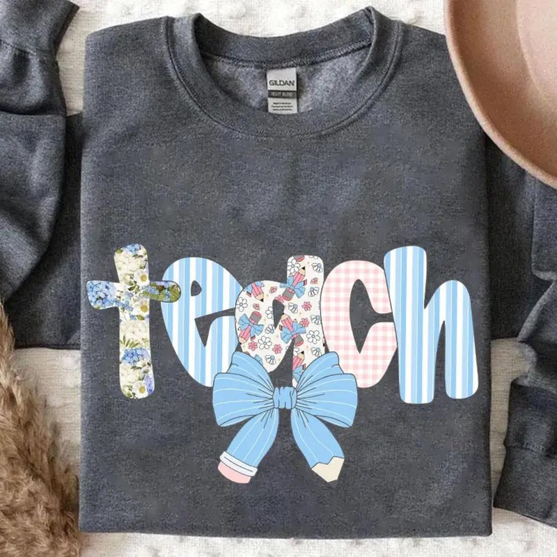Preppy Teacher Floral Coquette Teach Blue Everyday - Adult & Kids T-Shirts, Sweatshirts & Hoodies apparel design preview 1
