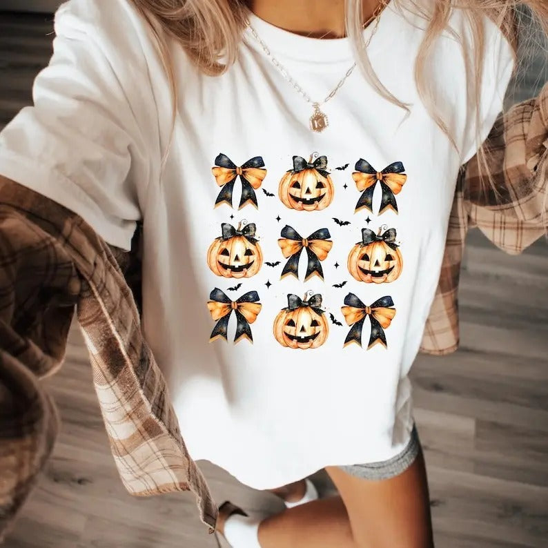 Pumpkin Halloween Coquette Bows Spooky Season Retro - Adult & Kids T-Shirts, Sweatshirts & Hoodies apparel design preview 1