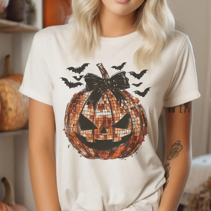Pumpkin Disco Jack O Lantern Halloween Bow Top - Adult & Kids T-Shirts, Sweatshirts & Hoodies apparel design preview 1
