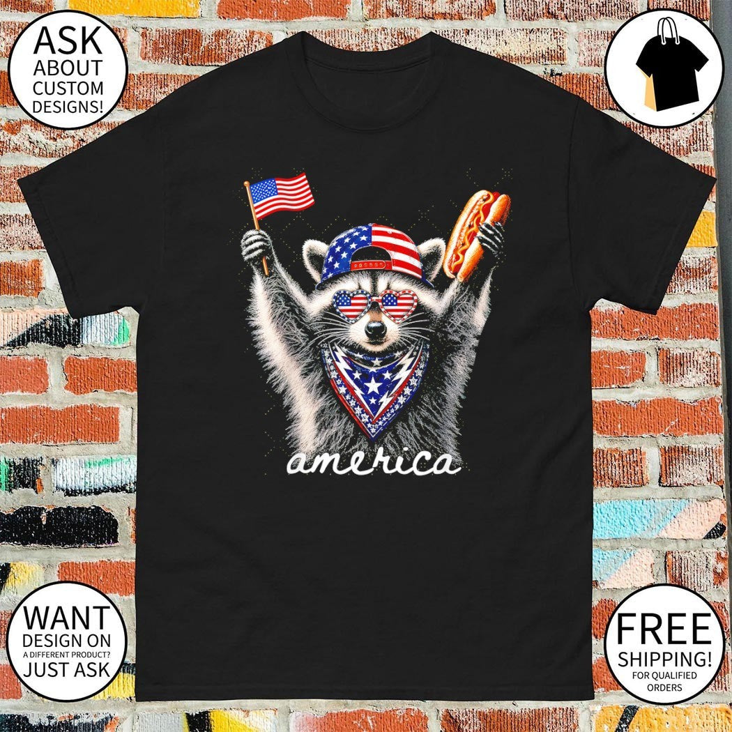 Raccoon American hat holding hotdog and flag 4th of - Adult & Kids T-Shirts, Sweatshirts & Hoodies apparel design preview 1