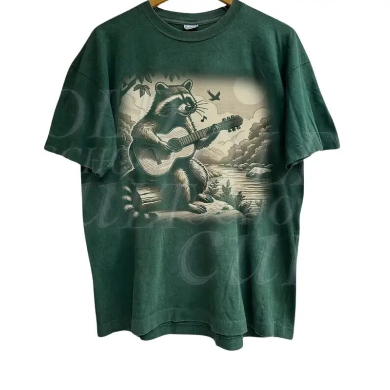 Raccoon Playing Guitar Vintage 90s Lovers Funny Music - Adult & Kids T-Shirts, Sweatshirts & Hoodies apparel design preview 1