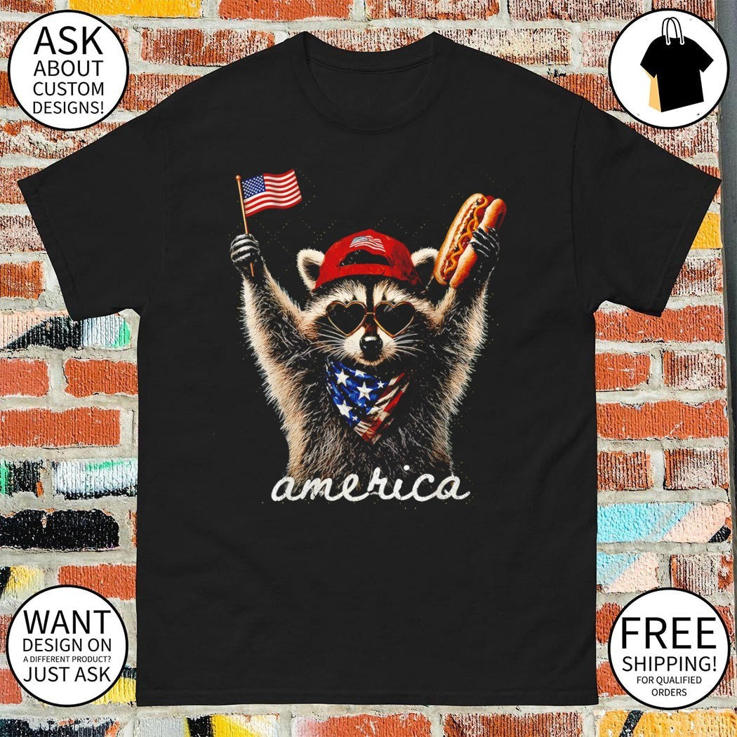Raccoon holding hotdog American flag 4th of July - Adult & Kids T-Shirts, Sweatshirts & Hoodies apparel design preview 1