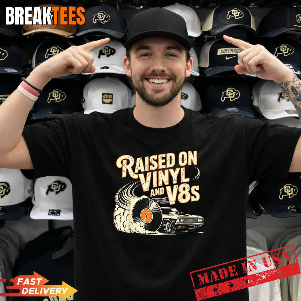Raised On Vinyl and V8s Retro Car Music Culture - Adult & Kids T-Shirts, Sweatshirts & Hoodies apparel design preview 1
