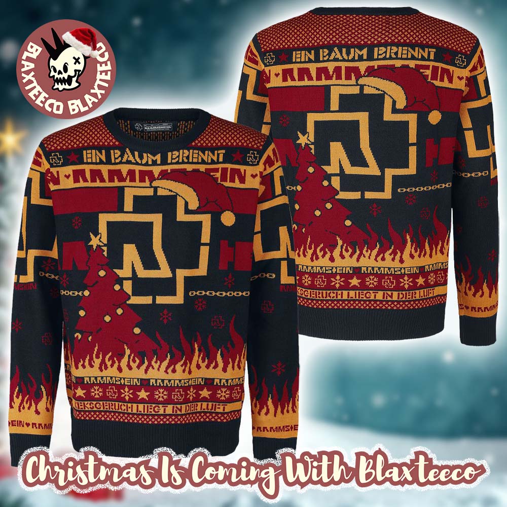 Rammstein Big Logo Santa Hat En Baum Brennt Flames Ugly Christmas Sweater - Holiday Gift product image