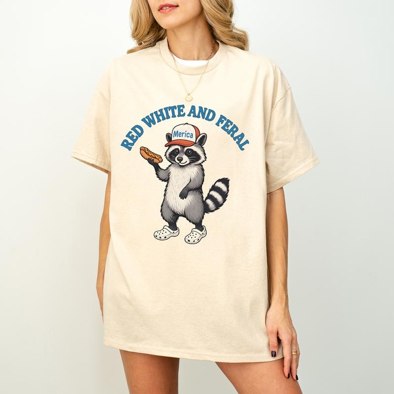 Red White Feral Funny USA Raccoon 4th July Hotdog - Adult & Kids T-Shirts, Sweatshirts & Hoodies apparel design preview 1