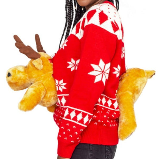 Women's Red 3-D with Stuffed Moose Ugly Christmas Sweater - Holiday Gift product image