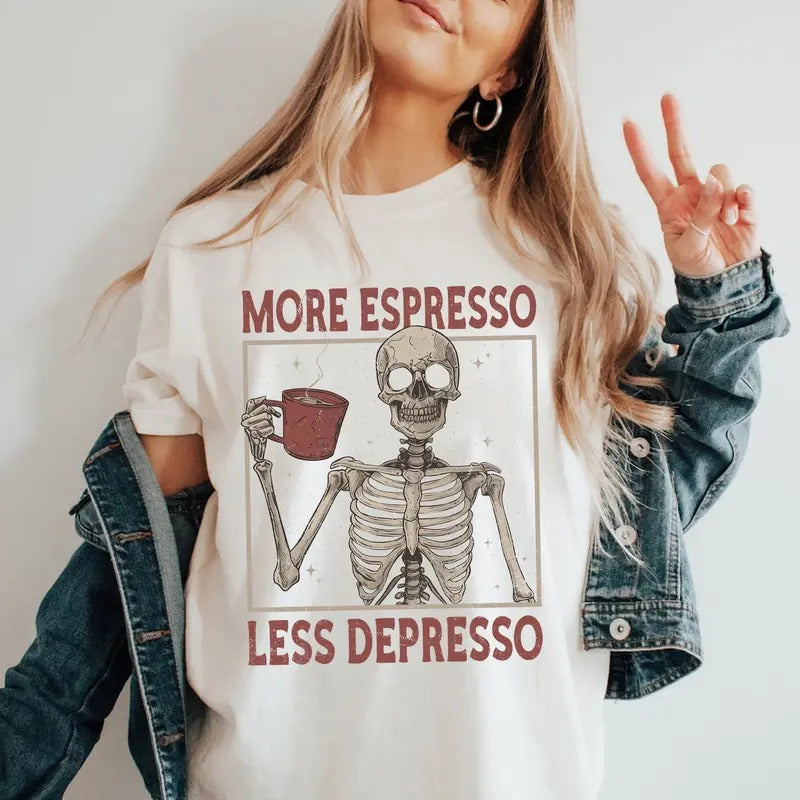 Retr Skeleton More Espresso Less Depresso Coffee - Adult & Kids T-Shirts, Sweatshirts & Hoodies apparel design preview 1