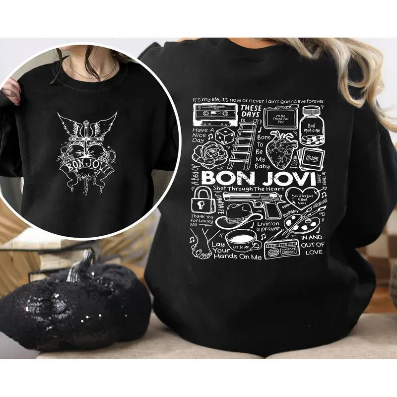 Retro 90s Rock Fan B0n J0v1 Doodle Art Vintage Album - Adult & Kids T-Shirts, Sweatshirts & Hoodies apparel design preview 1