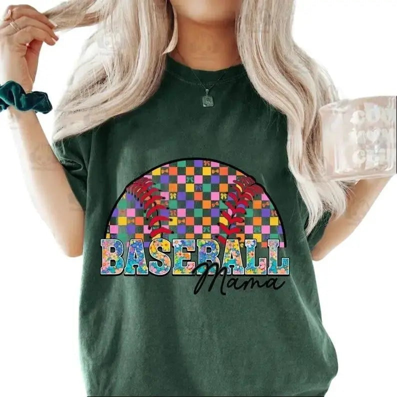 Retro Baseball Mama T HỉT Checkered Preppy Floral Mom - Adult & Kids T-Shirts, Sweatshirts & Hoodies apparel design preview 1