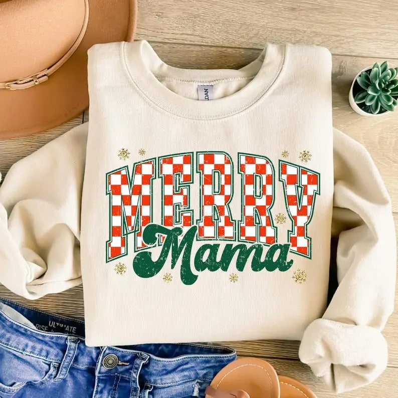 Retro Checkered Mama Merry Varsity Claus Glitter - Adult & Kids T-Shirts, Sweatshirts & Hoodies apparel design preview 1